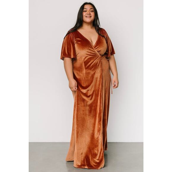 BALTIC BORN Meghan Velvet Wrap Maxi Dress Womens XXXL Brown Spice Flutter Sleeve - Picture 1 of 12